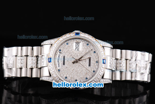Rolex Day-Date Oyster Perpetual Full Diamond with Diamond Dial and Blue Marking - Click Image to Close